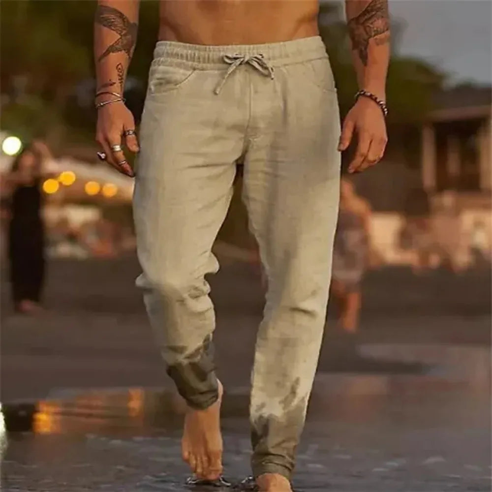 Męskie Spodnie Plażowe Joggers Streetwear Bawełniane Lniane Spodnie Dresowe Casual Hawajskie Wczasy Luźne Letnie Proste Spodnie Męskie