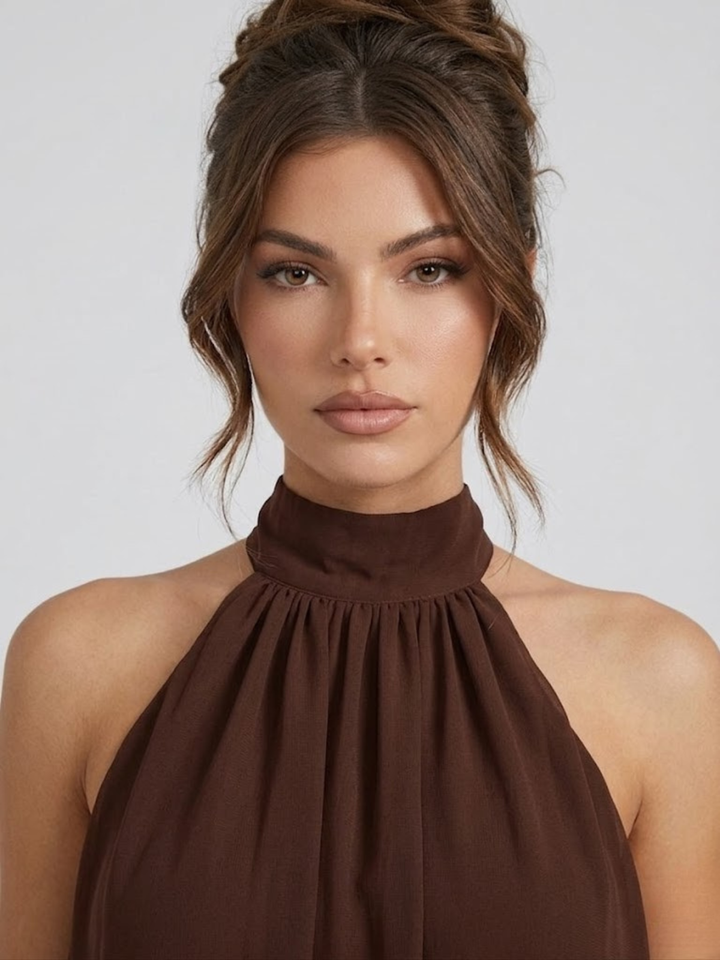 Zwiewna sukienka mini halter z warstwowymi falbanami
