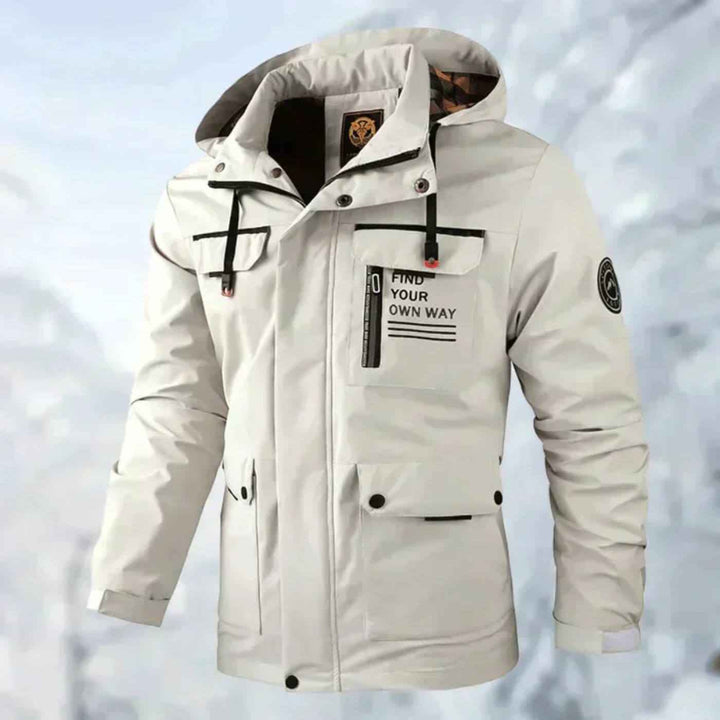 Efektowna kurtka outdoorowa męska z kapturem i wieloma kieszeniami