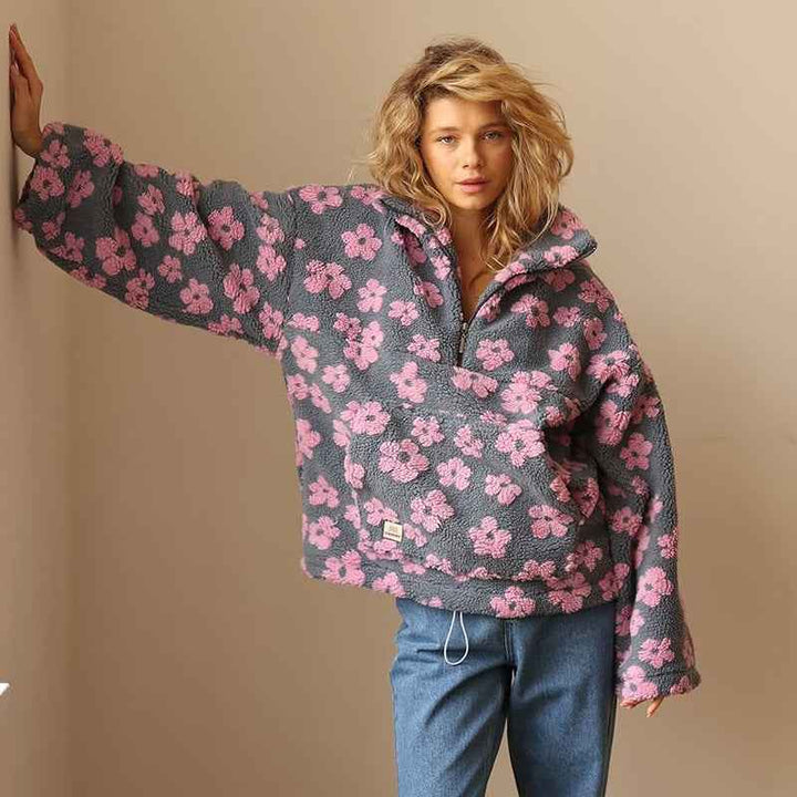 Kwiecista bluza damska z baranka z krótkim zamkiem